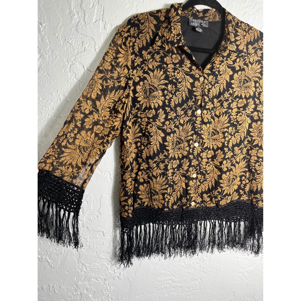 Spenser Jeremy Silk Blouse Black Gold Floral Paisley Fringe Crochet Trim Size 12 - Picture 2 of 6